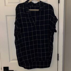 Tahari Women's Navy Windowpane Roll-Sleeve Tunic Blouse 1X